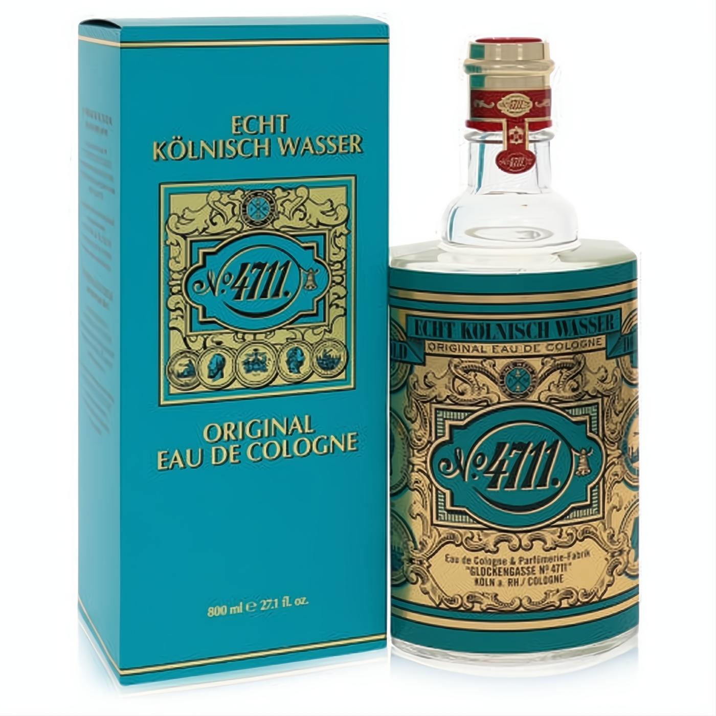 Iconic 4711 Eau De Cologne 27 oz unisex fragrance. Clear glass bottle and teal box with intricate gold labels.