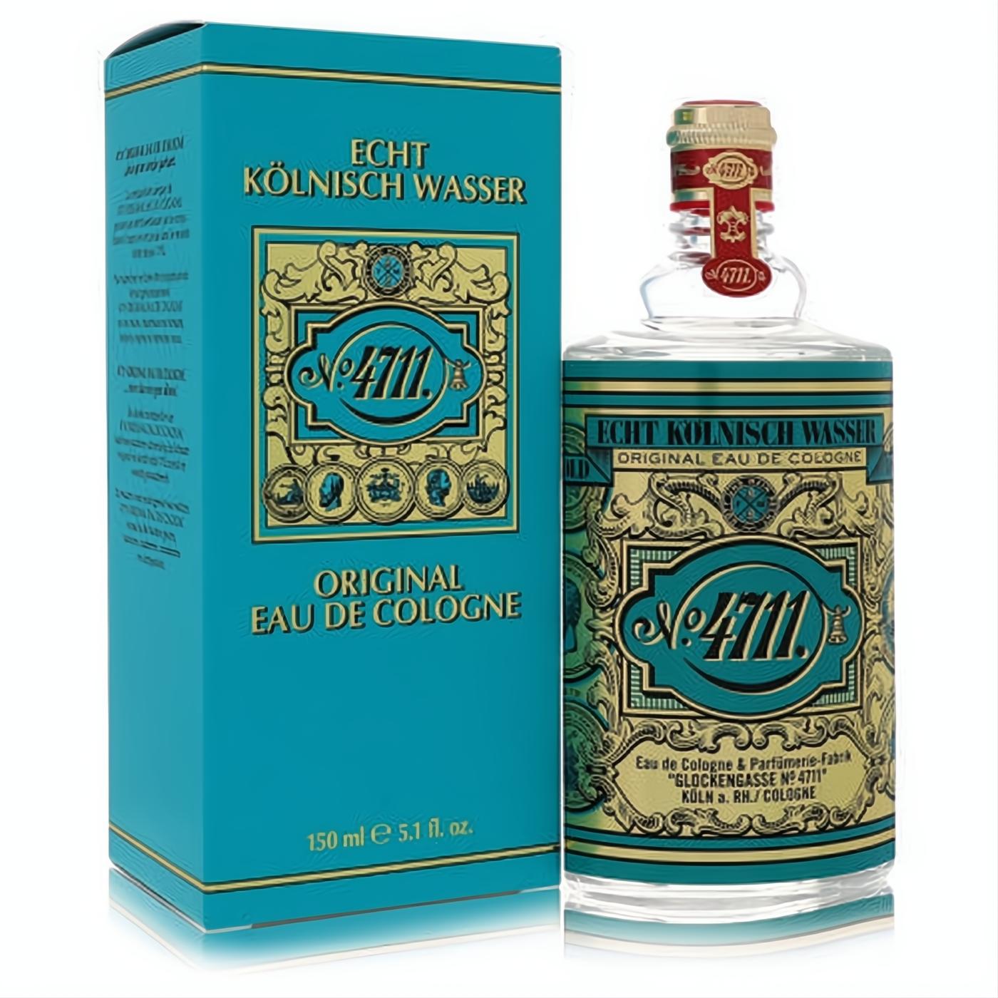 Unisex 4711 Eau De Cologne 5.1 oz in classic clear glass bottle with ornate turquoise & gold label, beside its matching box.