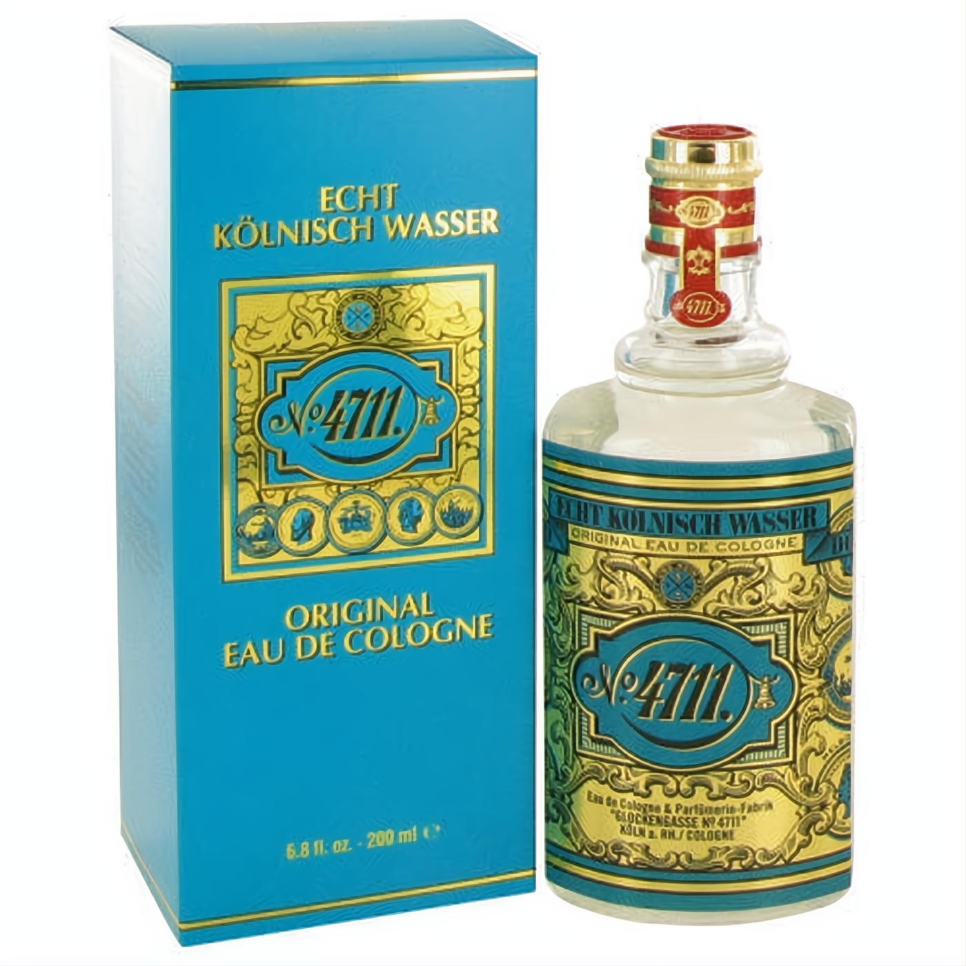 Timeless 4711 Eau De Cologne 6.8 oz. Iconic clear bottle with ornate blue and gold label, next to its elegant matching box.