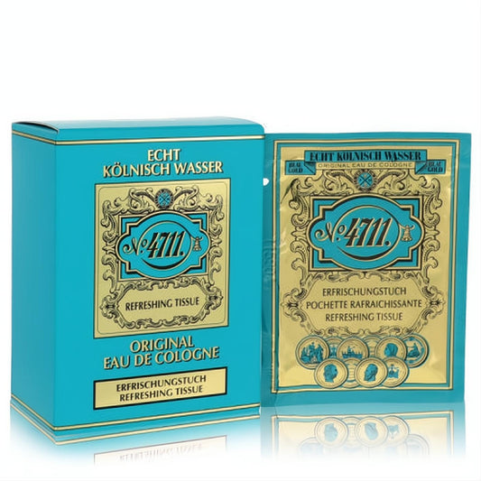 Refresh with 4711 Lemon Scented Tissues. Elegant turquoise and gold box with a unisex cologne wipe sachet.
