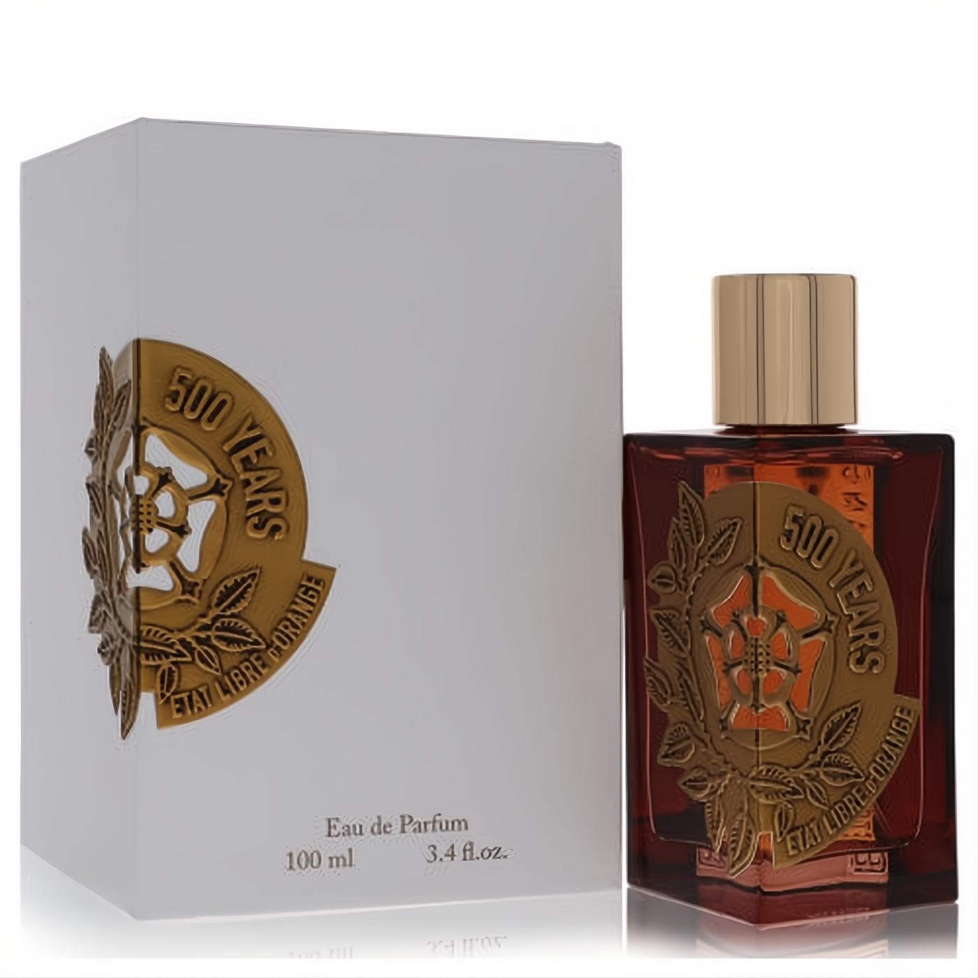 Luxurious 500 Years 3.4 oz amber Etat Libre d'Orange EDP bottle with gold cap and white box, showcasing a detailed gold emblem.