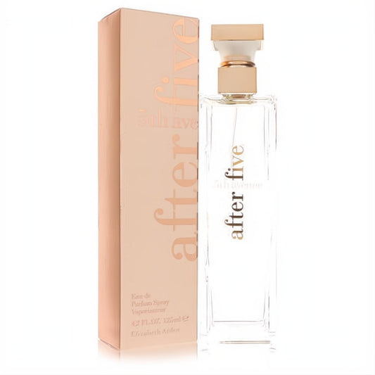 Elegant Elizabeth Arden 5TH AVENUE After Five 4.2 oz EDP spray in a sleek clear bottle with gold cap, beside its chic rose gold box.
