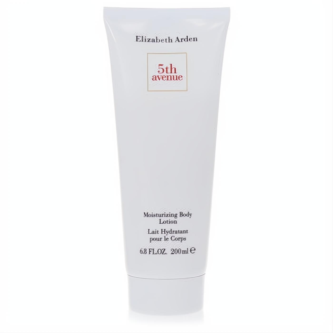 Smooth white Elizabeth Arden 5th Avenue 6.8 oz moisturizing body lotion tube, with elegant red logo.