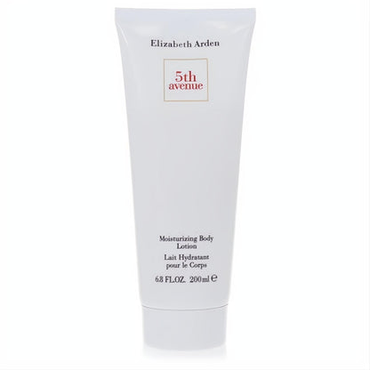 Smooth white Elizabeth Arden 5th Avenue 6.8 oz moisturizing body lotion tube, with elegant red logo.