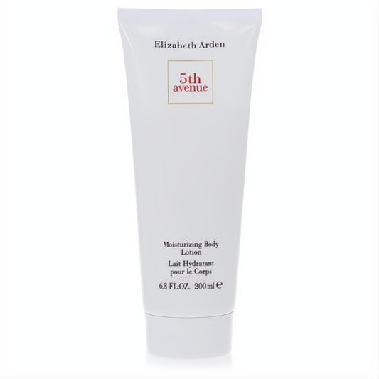 Smooth white Elizabeth Arden 5th Avenue 6.8 oz moisturizing body lotion tube, with elegant red logo.