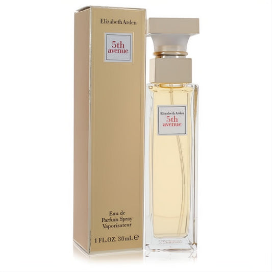 Elizabeth Arden 5th Avenue 1 oz Eau de Parfum spray. Elegant glass bottle with champagne liquid, frosted cap, and matching gold box.