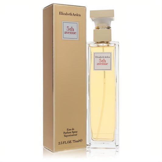 Elegant Elizabeth Arden 5th Avenue Eau de Parfum 2.5 oz spray. Clear glass bottle with golden liquid and matching gold box.