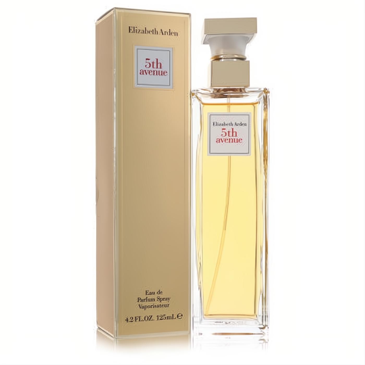 Elegant Elizabeth Arden 5th Avenue Eau de Parfum 4.2 oz (125ml) spray bottle with gold cap and matching luxurious gold box.
