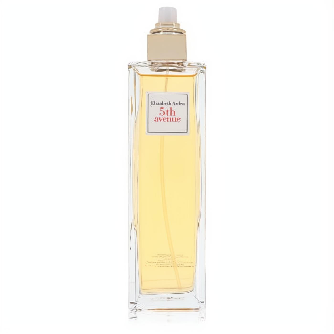 Elegant Elizabeth Arden 5th Avenue Eau De Parfum spray in a sleek clear glass bottle with golden cap and warm yellow liquid.