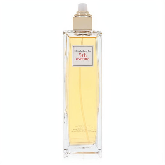 Elegant Elizabeth Arden 5th Avenue Eau De Parfum spray in a sleek clear glass bottle with golden cap and warm yellow liquid.