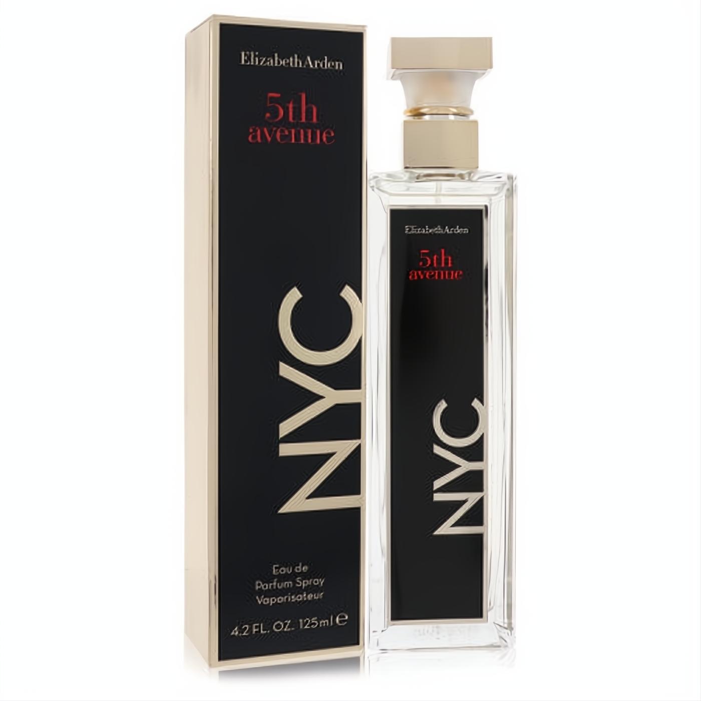 Sophisticated Elizabeth Arden 5th Avenue NYC 4.2 oz EDP. Clear rectangular bottle with bold gold NYC design and matching black/gold box.