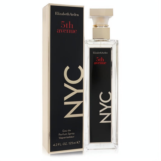 Sophisticated Elizabeth Arden 5th Avenue NYC 4.2 oz EDP. Clear rectangular bottle with bold gold NYC design and matching black/gold box.