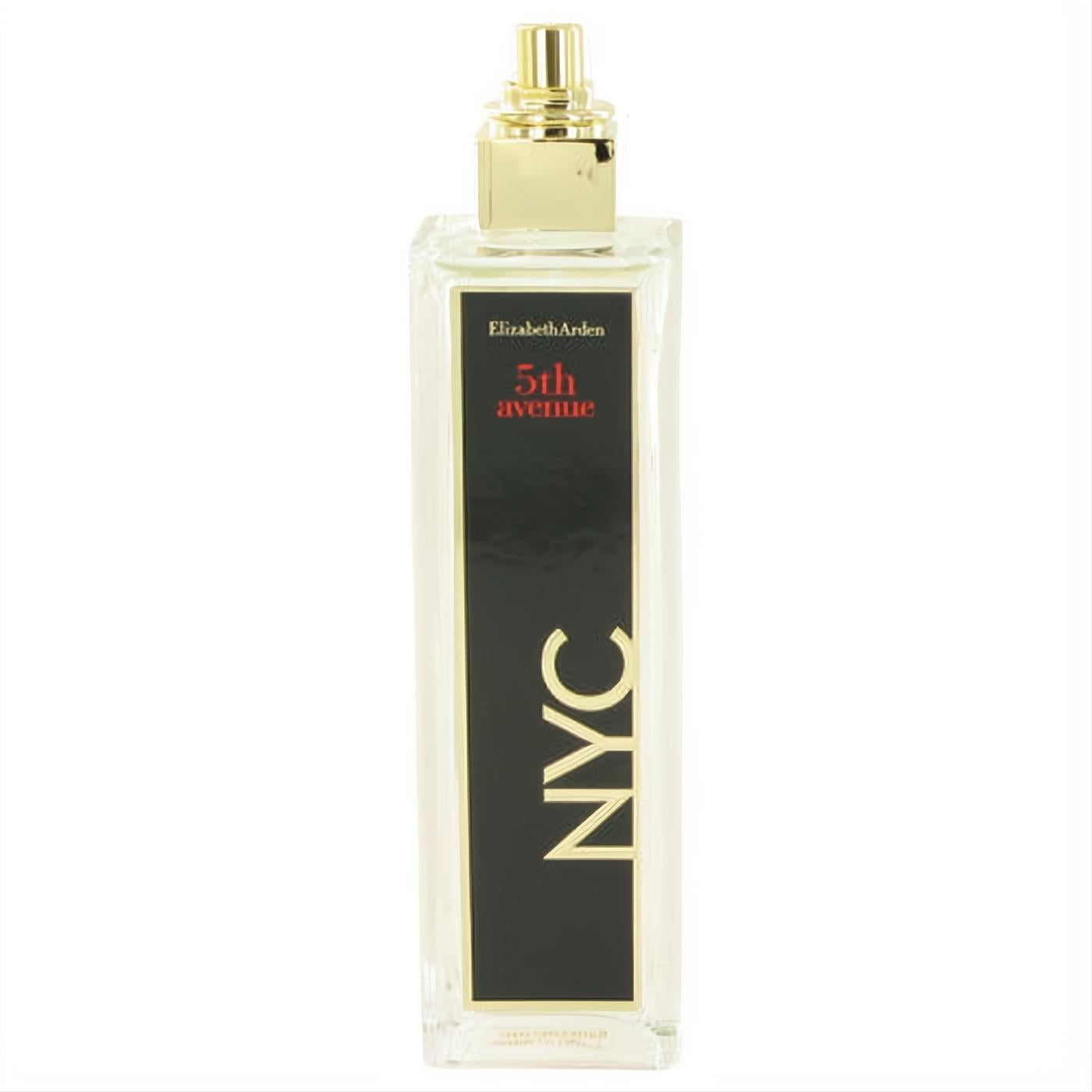 Elizabeth Arden 5th Avenue NYC 4.2 oz EDP spray. Sleek clear glass bottle, luxurious gold cap, bold black label with red and gold text.**