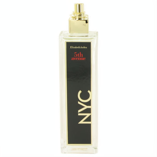Elizabeth Arden 5th Avenue NYC 4.2 oz EDP spray. Sleek clear glass bottle, luxurious gold cap, bold black label with red and gold text.**