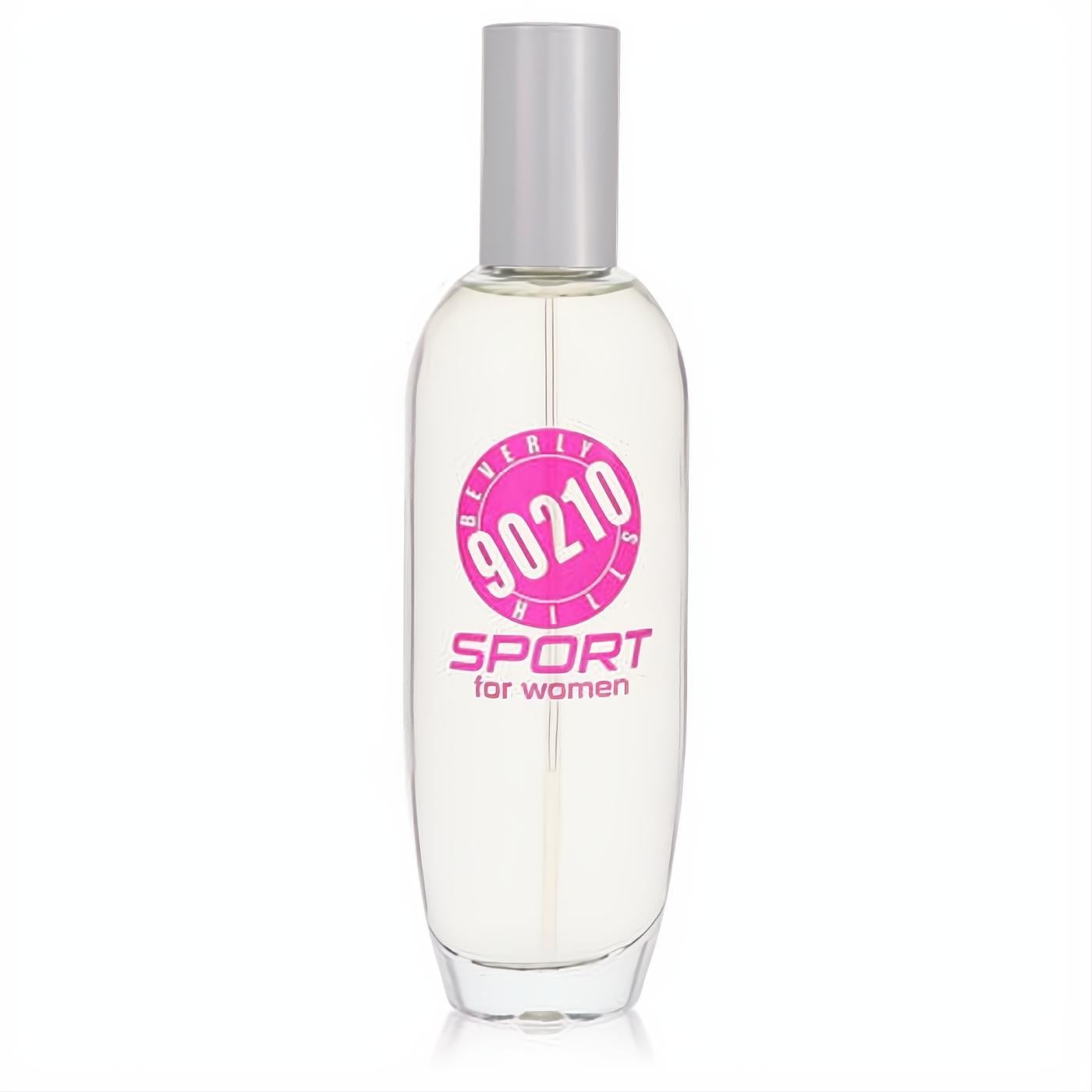 Iconic 90210 Sport for women 3.4 oz Eau de Parfum spray. Clear glass bottle, sleek design, silver cap, and vibrant pink label.