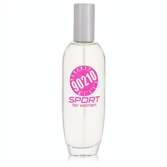 Iconic 90210 Sport for women 3.4 oz Eau de Parfum spray. Clear glass bottle, sleek design, silver cap, and vibrant pink label.