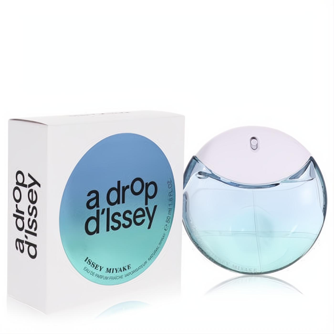 Issey Miyake A Drop D'issey Fraiche 1.6 oz perfume. Clear round bottle, refreshing blue liquid, beside its white box with blue gradient design.
