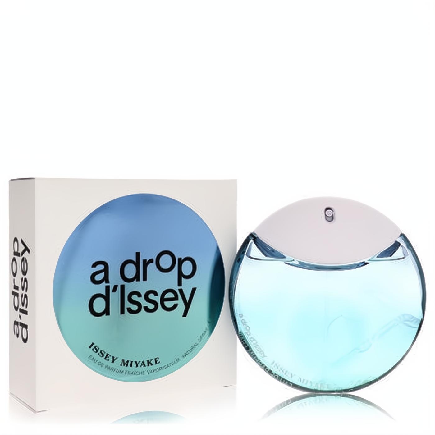 Issey Miyake A Drop D'issey Fraiche perfume. Elegant round clear bottle with refreshing blue liquid and sleek white cap, beside its modern white box.