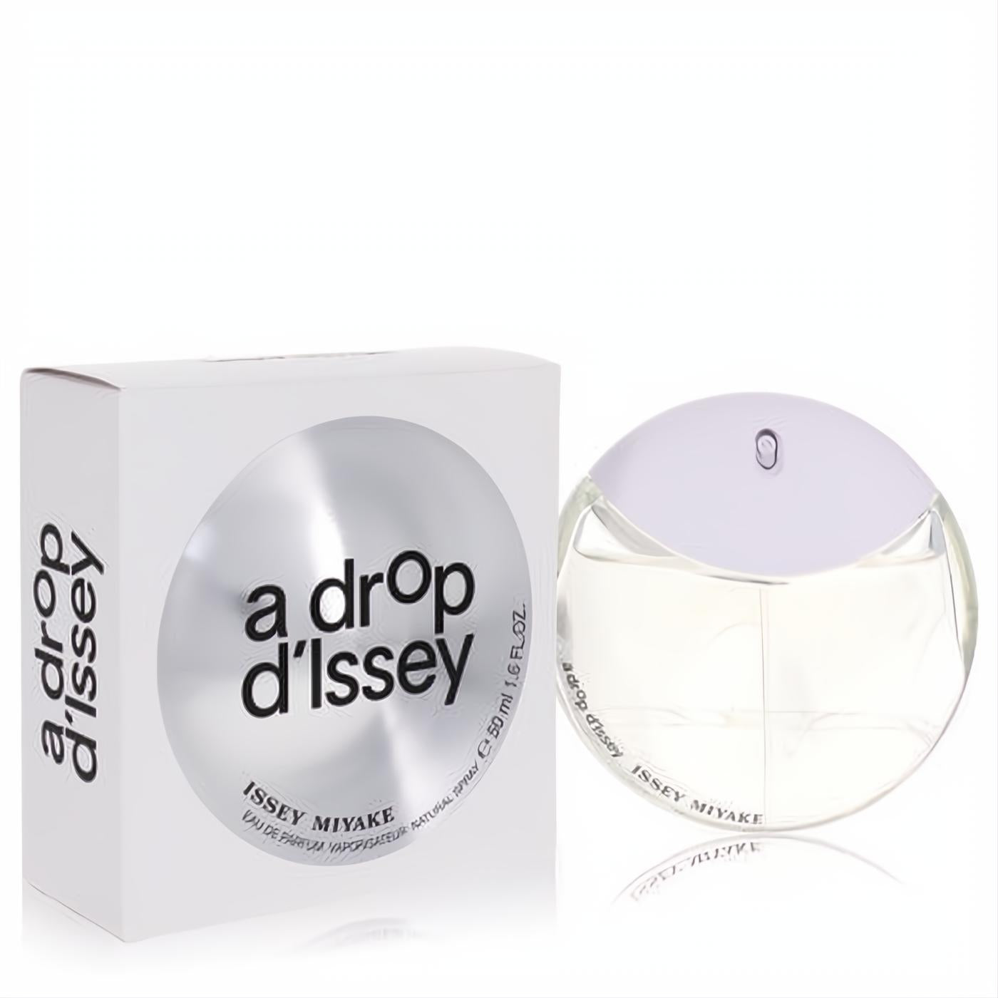 Issey Miyake A Drop D'issey 1.6 oz EDP spray. Elegant clear round bottle with lavender cap and matching white box.