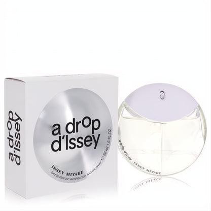 Issey Miyake A Drop D'issey 1.6 oz EDP spray. Elegant clear round bottle with lavender cap and matching white box.