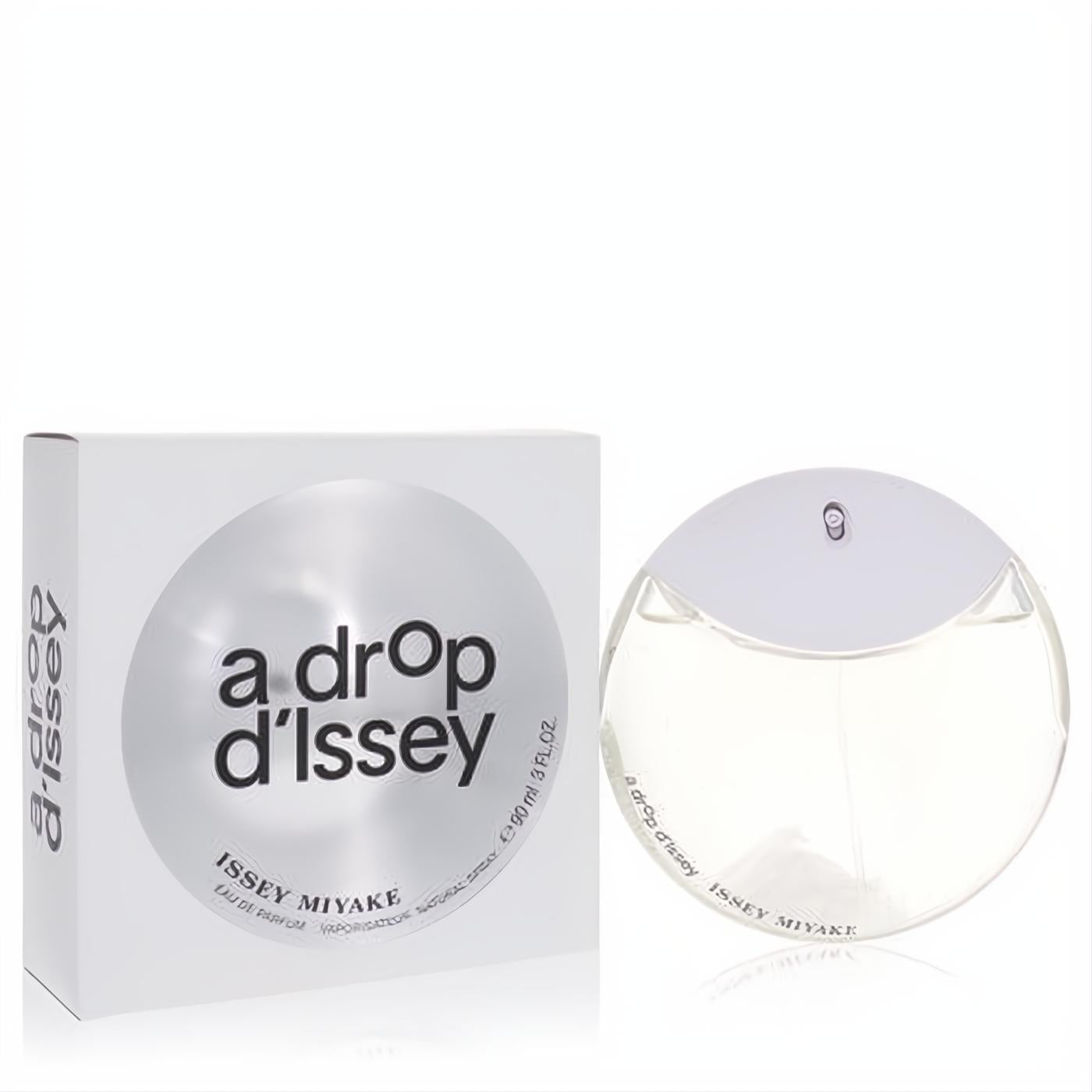 Experience Issey Miyake A Drop D'issey 3 oz Eau De Parfum. Sleek clear circular bottle with white cap and elegant silver-accented box.