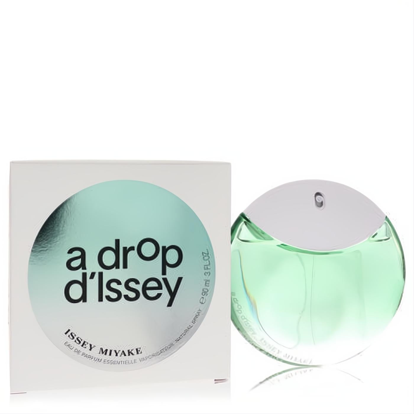 Issey Miyake A Drop d'Issey Essentielle 3 oz. Round green glass bottle, silver cap, and white box with iridescent mint label.