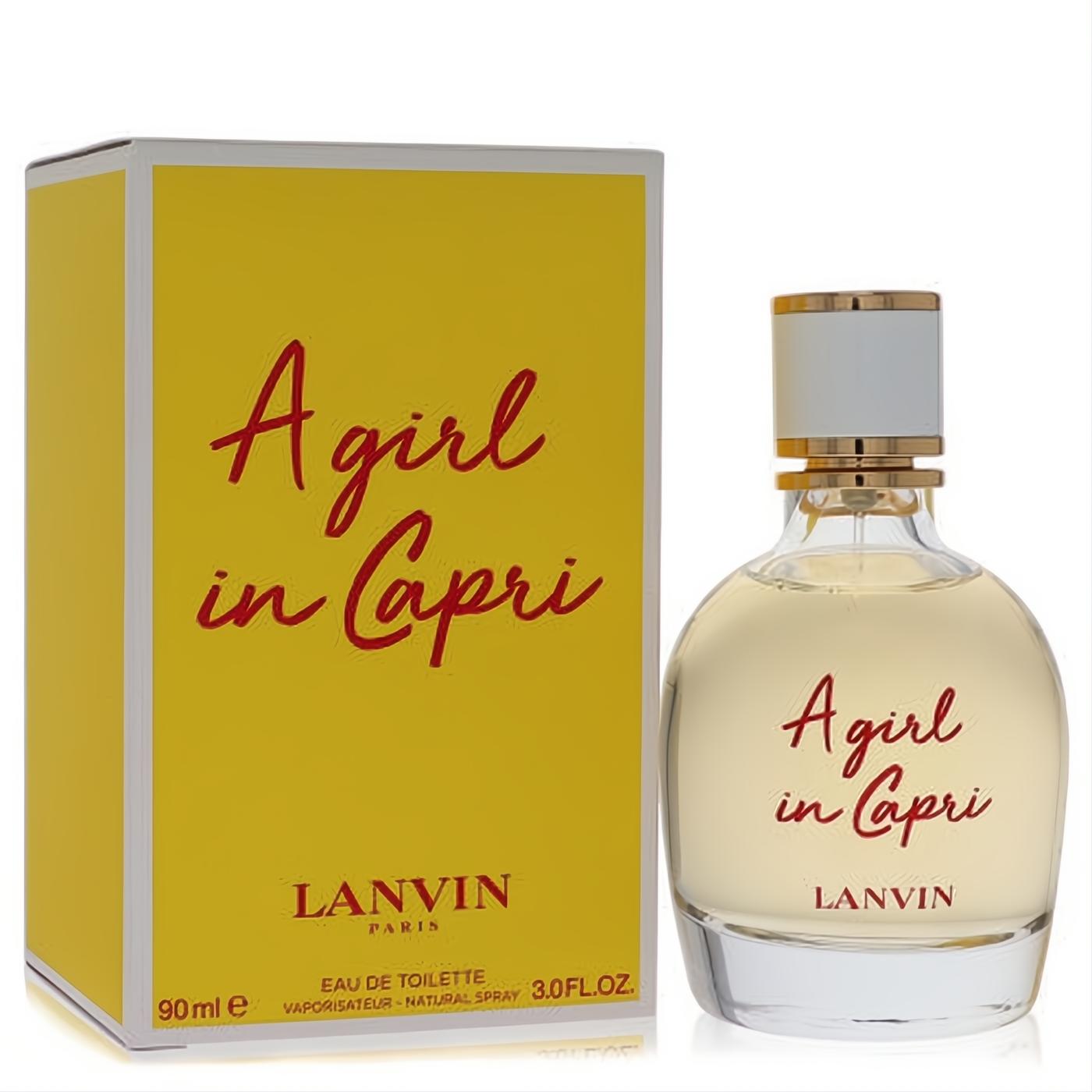Refreshing Lanvin A Girl in Capri 3 oz EDT. Clear glass bottle with gold cap, red script, and vibrant yellow box.