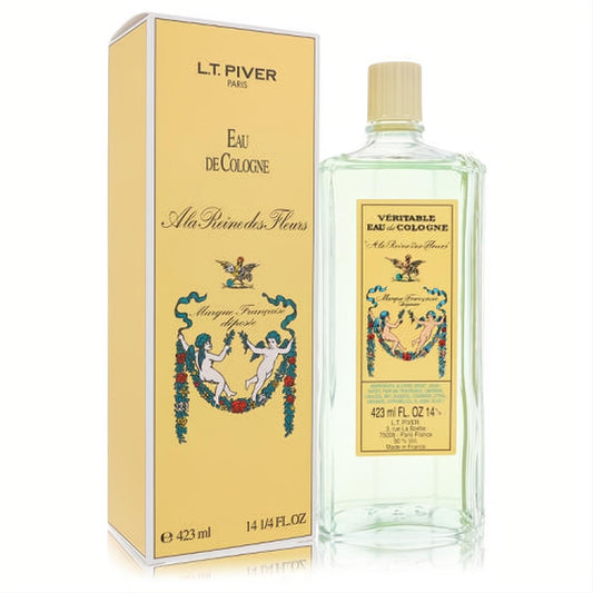 Lt Piver A La Reine Des Fleurs 14.25 oz Eau De Cologne. Clear glass bottle with light green liquid, gold cap, and ornate yellow box.