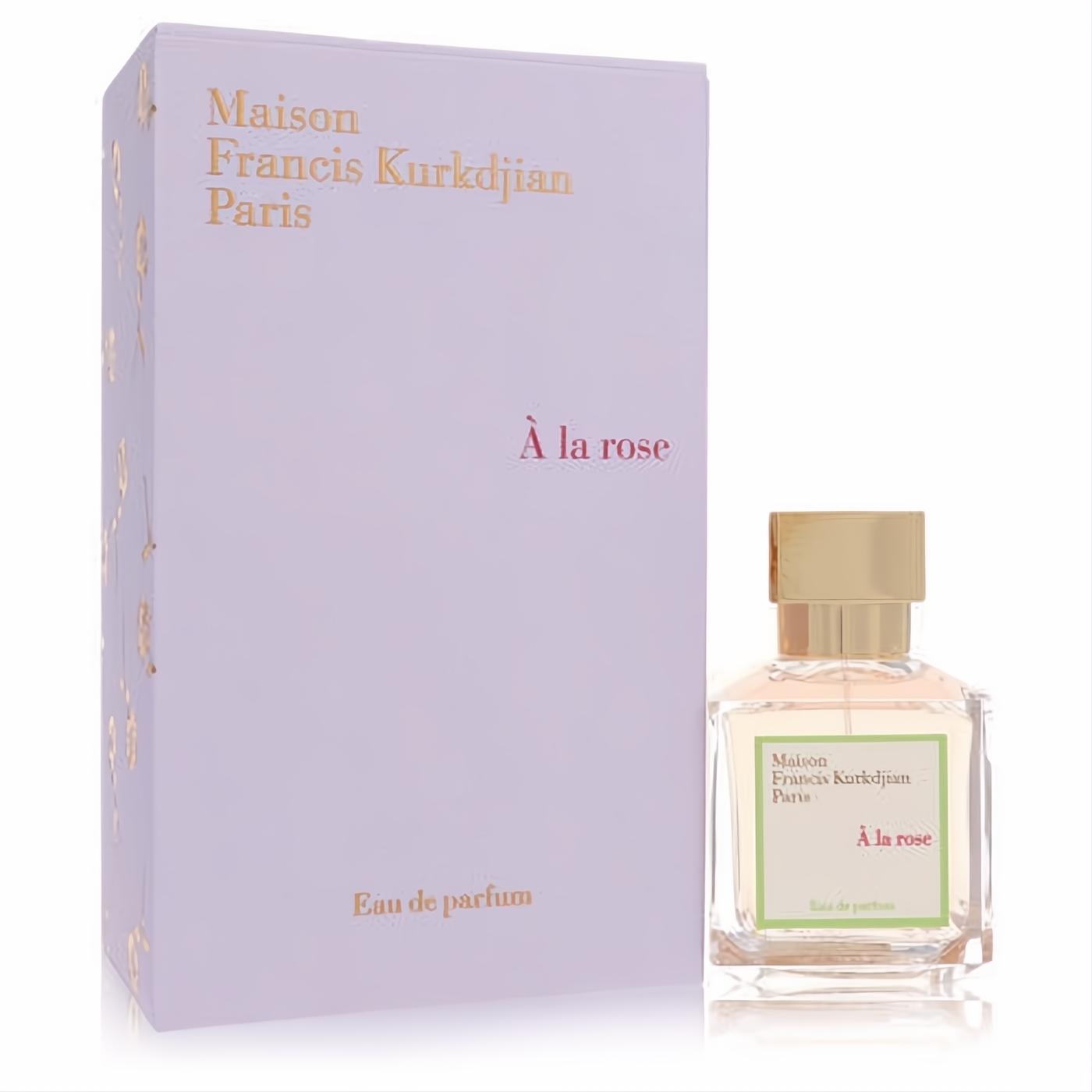 Luxurious A La Rose 2.4 oz Eau de Parfum by Maison Francis Kurkdjian. Clear bottle, rose liquid, gold cap, elegant lavender box.