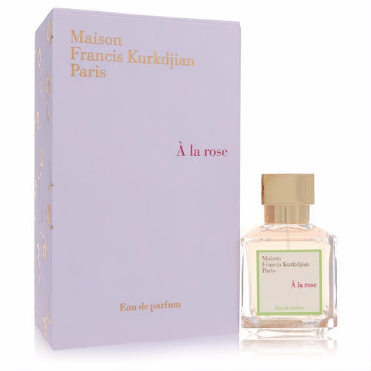 Luxurious A La Rose 2.4 oz Eau de Parfum by Maison Francis Kurkdjian. Clear bottle, rose liquid, gold cap, elegant lavender box.