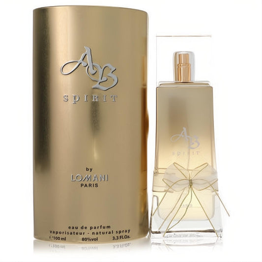 Captivating Lomani AB Spirit 3.3 oz women's eau de parfum. Clear glass bottle with gold cap, delicate bow, and luxurious gold cylindrical box.