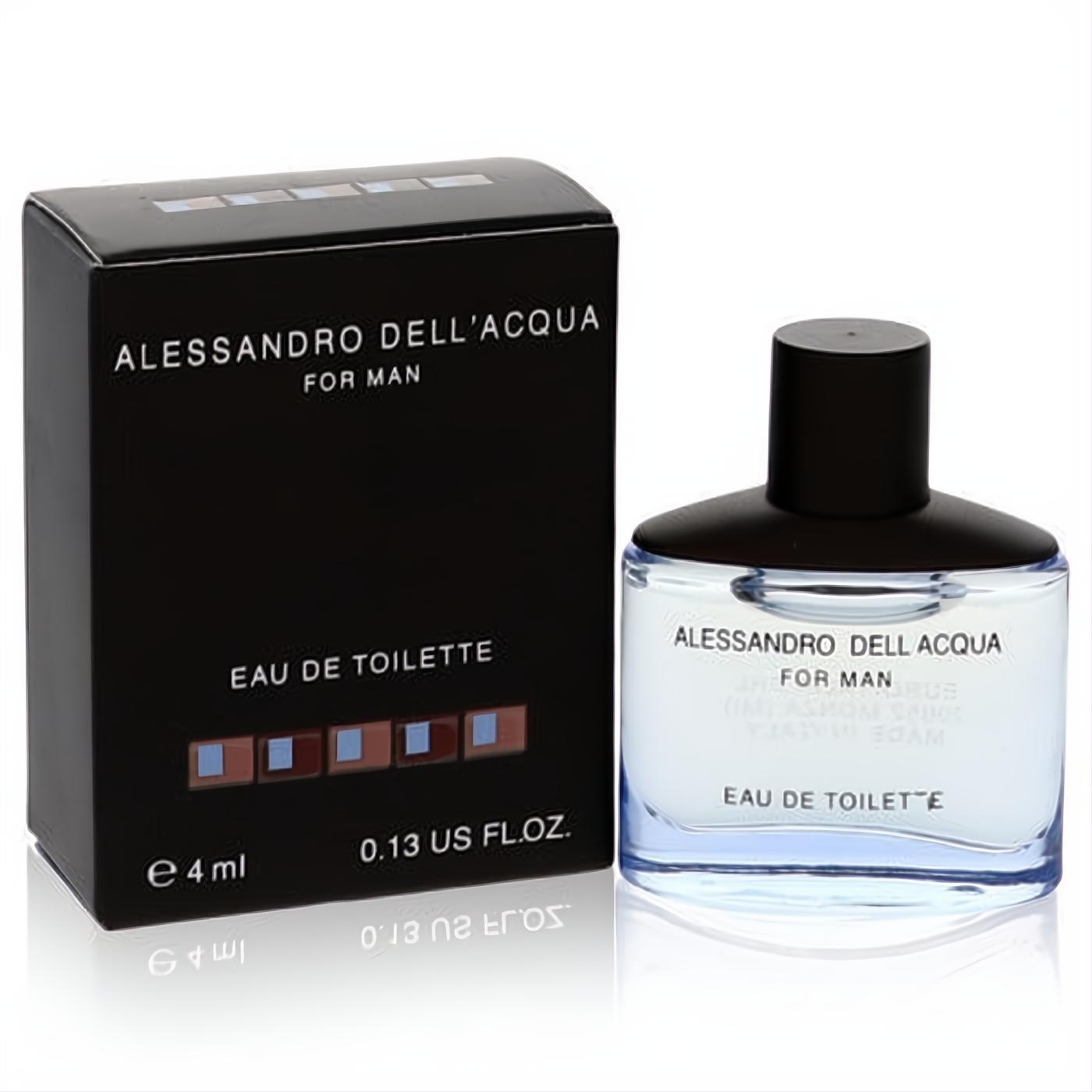 Alessandro Dell'Acqua for Man 0.13 oz mini EDT spray. Sleek black box and clear glass bottle with black cap, ideal for travel.