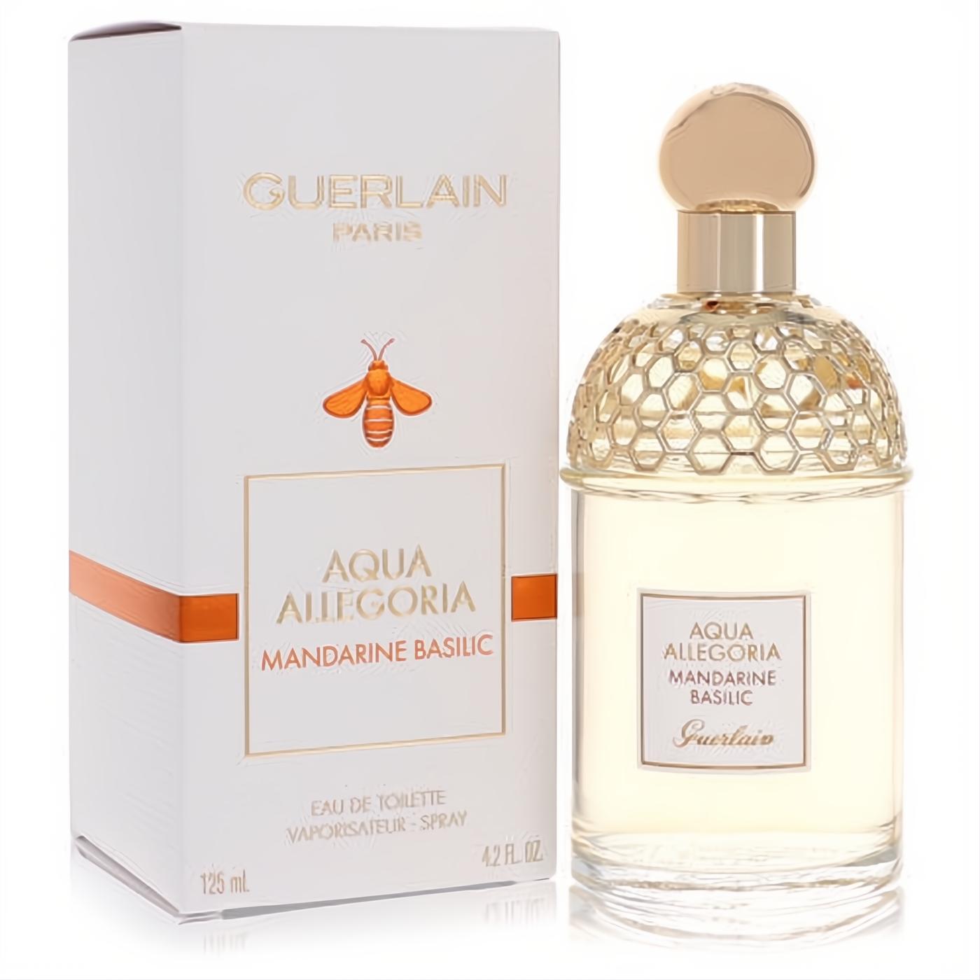 Guerlain Aqua Allegoria Mandarine Basilic 4.2 oz EDT. Elegant clear bottle with gold honeycomb top and white box featuring an orange bee.