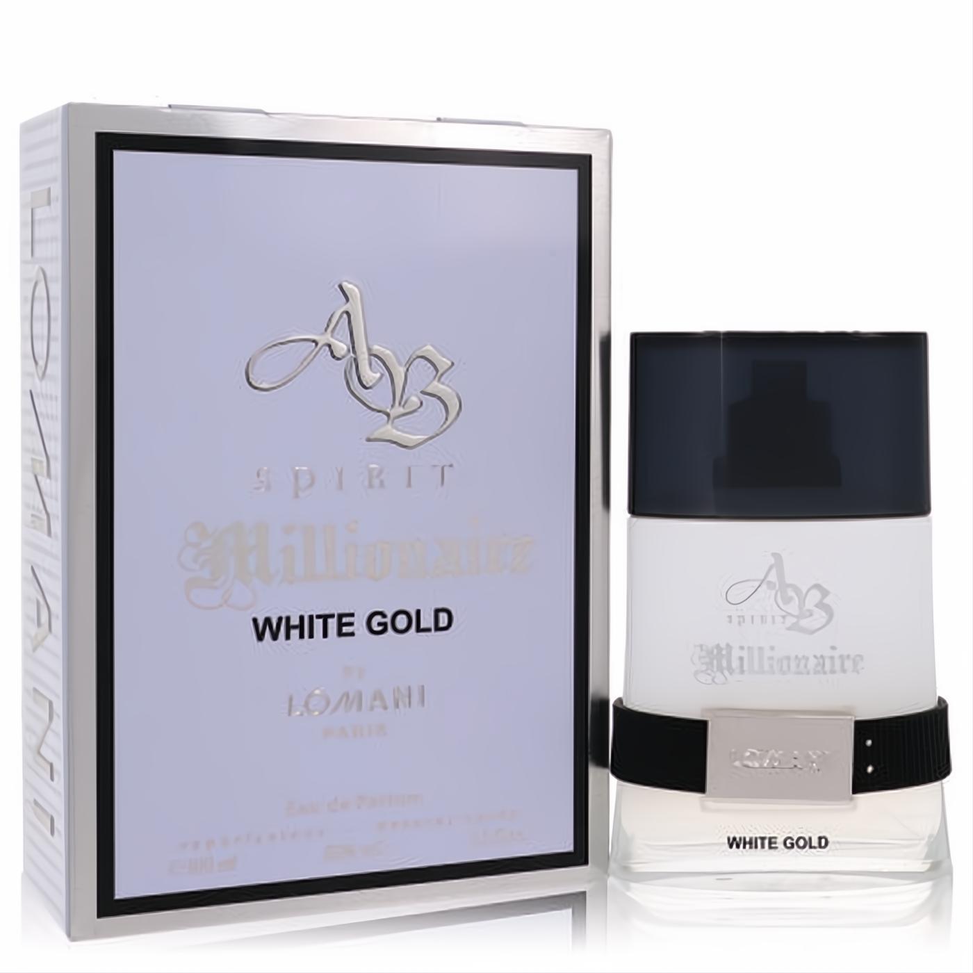 Sophisticated Ab Spirit Millionaire White Gold 3.3 oz EDP. Frosted white bottle, black cap, and elegant silver-trimmed box.