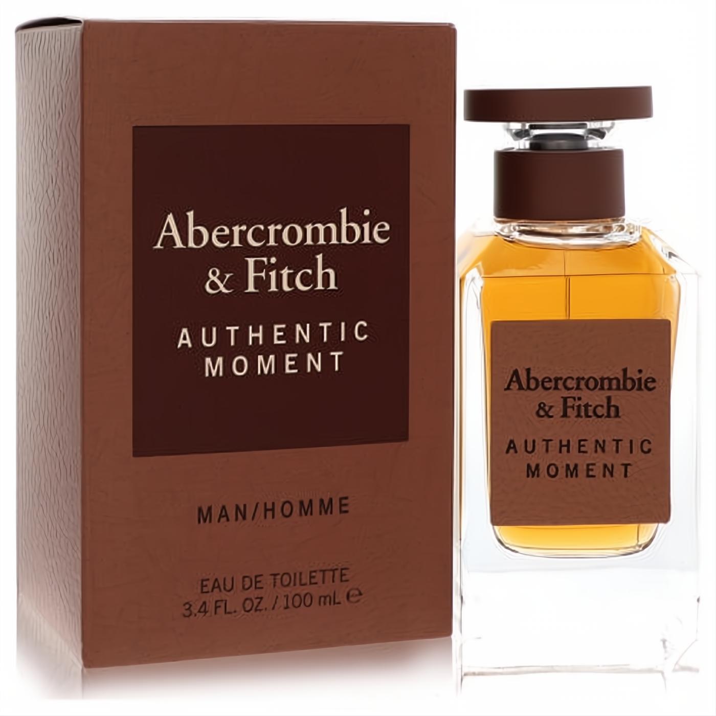 Abercrombie & Fitch Authentic Moment men's 3.4 oz EDT. Clear glass bottle, amber liquid, brown label & cap, with its elegant brown box.