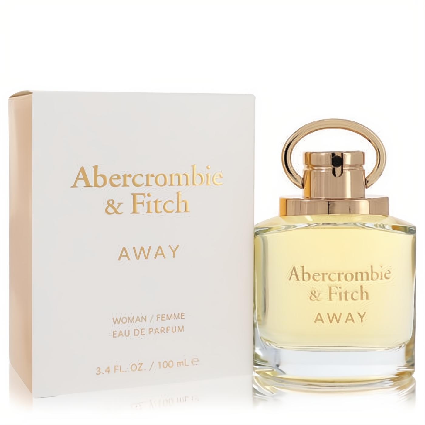 Abercrombie & Fitch Away 3.4 oz Eau De Parfum. Luxurious clear glass bottle with unique gold cap, beside its chic white box.