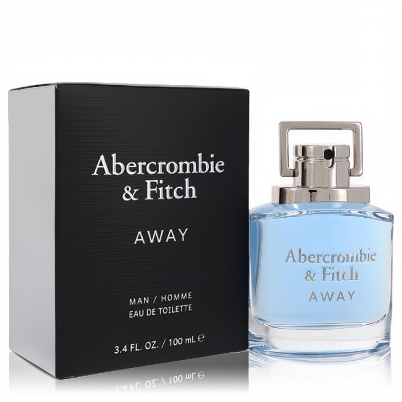 Abercrombie & Fitch Away 3.4 oz men's EDT. Modern light blue bottle with silver cap, displayed with its sophisticated black box.