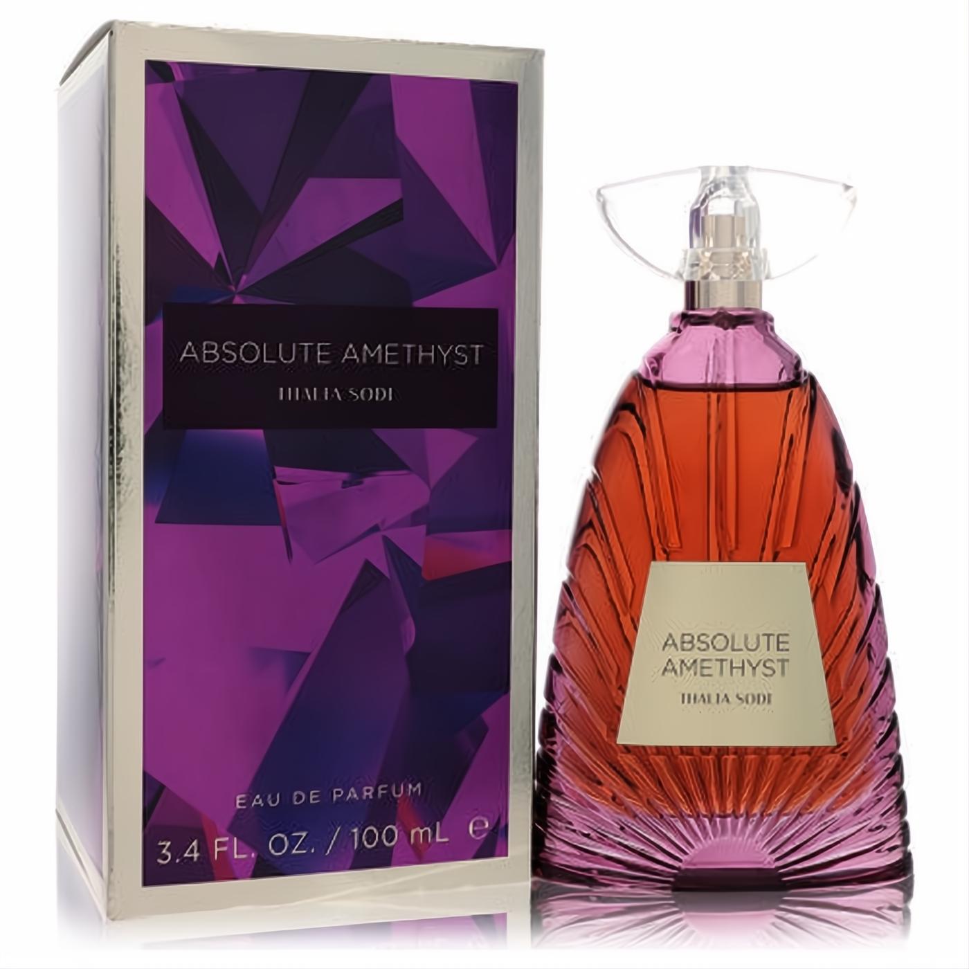 Thalia Sodi Absolute Amethyst 3.4 oz EDP. Luxurious purple faceted bottle with warm amber fragrance, clear cap, and matching amethyst-patterned box.