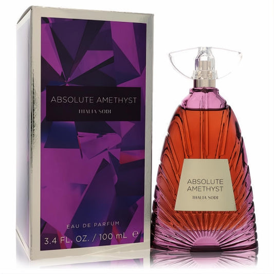 Thalia Sodi Absolute Amethyst 3.4 oz EDP. Luxurious purple faceted bottle with warm amber fragrance, clear cap, and matching amethyst-patterned box.
