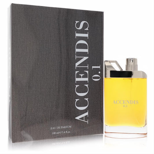 Accendis 0.1 unisex EDP, 3.4 oz. Luxurious clear glass bottle with vibrant amber liquid and sophisticated dark grey textured box.