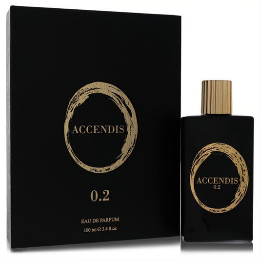 Luxurious Accendis 0.2 unisex Eau De Parfum, 3.4 oz. Sleek black bottle with gold brushstroke logo and elegant ribbed cap.