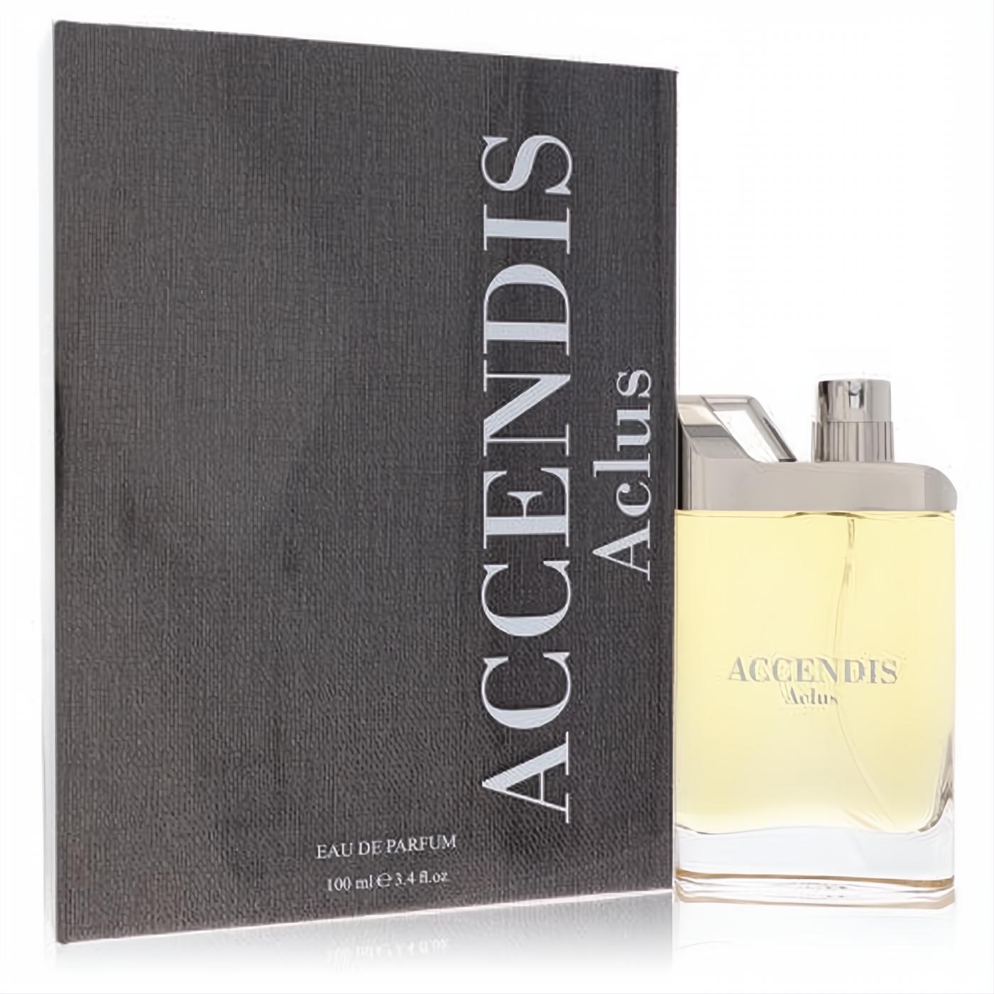Accendis Aclus unisex Eau de Parfum, 3.4 oz. Elegant clear bottle with light yellow liquid, silver cap, next to its dark grey textured box.