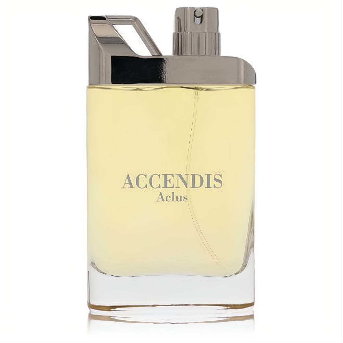 Sophisticated Accendis Aclus unisex fragrance in a clear glass bottle with golden liquid and a striking silver metallic cap.
