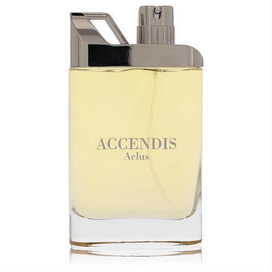 Sophisticated Accendis Aclus unisex fragrance in a clear glass bottle with golden liquid and a striking silver metallic cap.