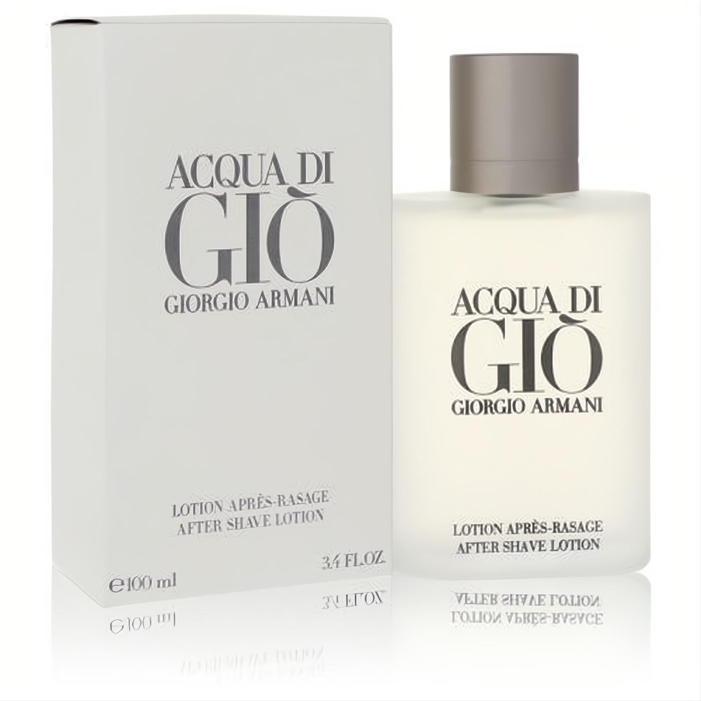 Acqua Di Gio Giorgio Armani 3.4 oz After Shave Lotion. Elegant frosted glass bottle with a sleek grey cap and matching white box.