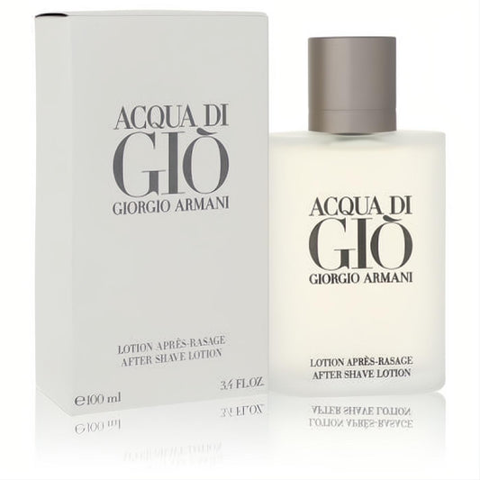 Acqua Di Gio Giorgio Armani 3.4 oz After Shave Lotion. Elegant frosted glass bottle with a sleek grey cap and matching white box.