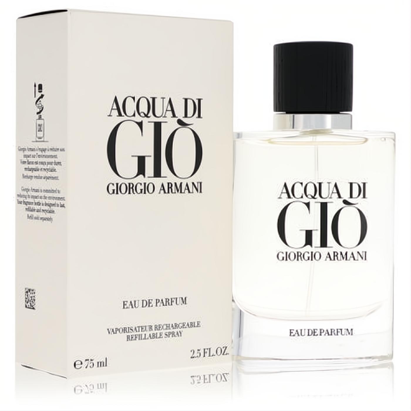 Experience Acqua Di Gio Giorgio Armani 2.5 oz refillable Eau De Parfum. Clear bottle with black cap, beside its elegant cream box.