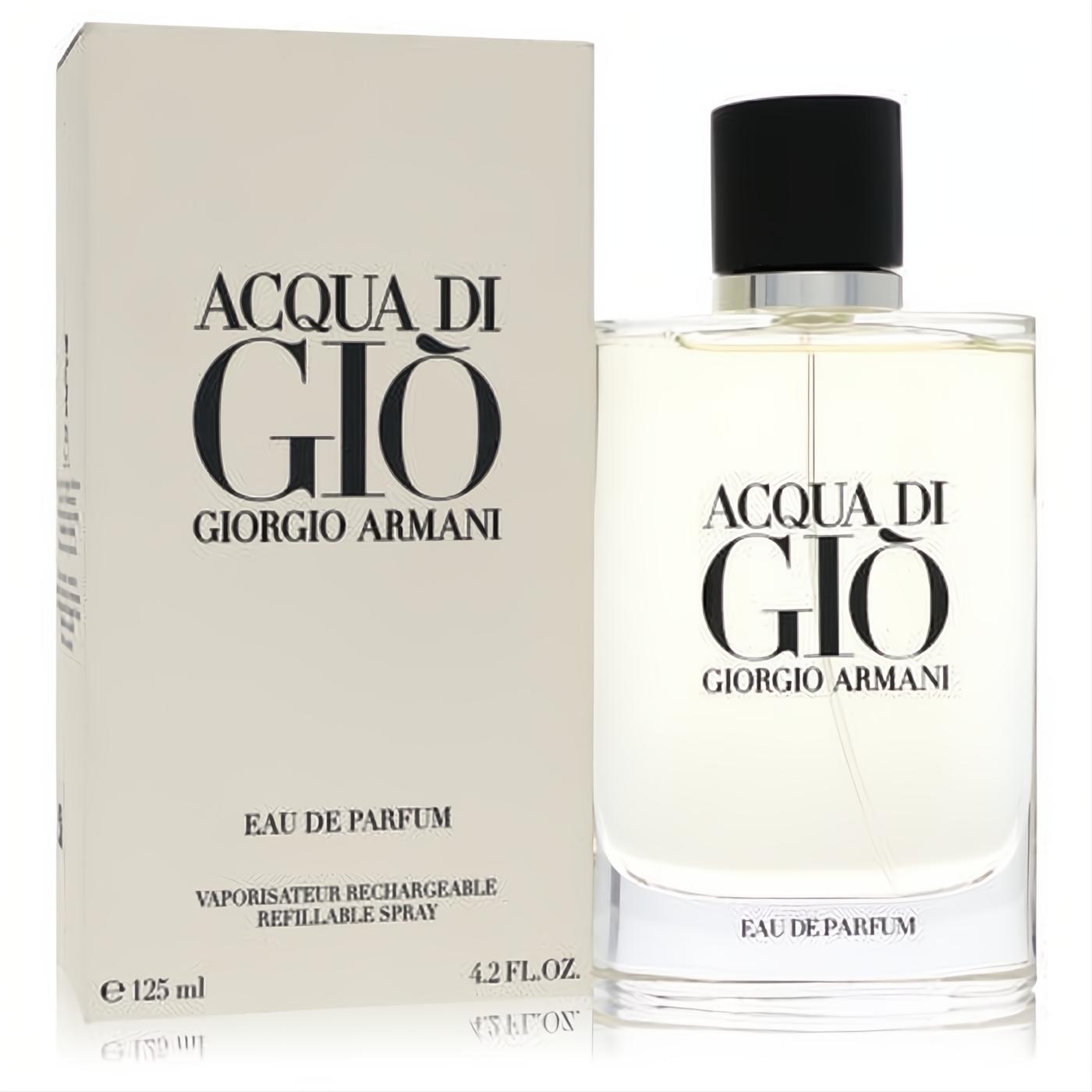 Acqua Di Gio Giorgio Armani 4.2 oz refillable Eau De Parfum spray. Sleek clear glass bottle, black cap, displayed with its elegant cream box.