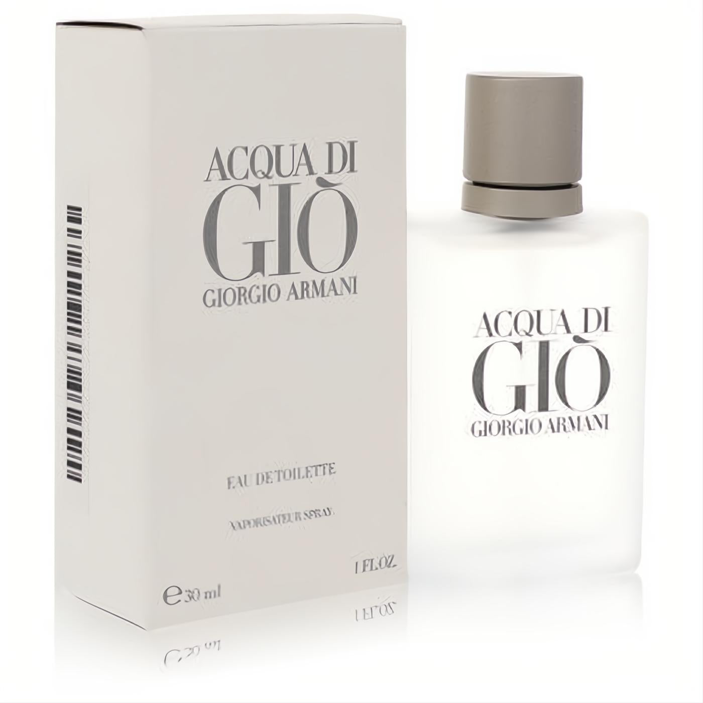 Acqua Di Gio by Giorgio Armani 1 oz Eau De Toilette spray. Sleek frosted white bottle, gray cap, and elegant matching box for men.