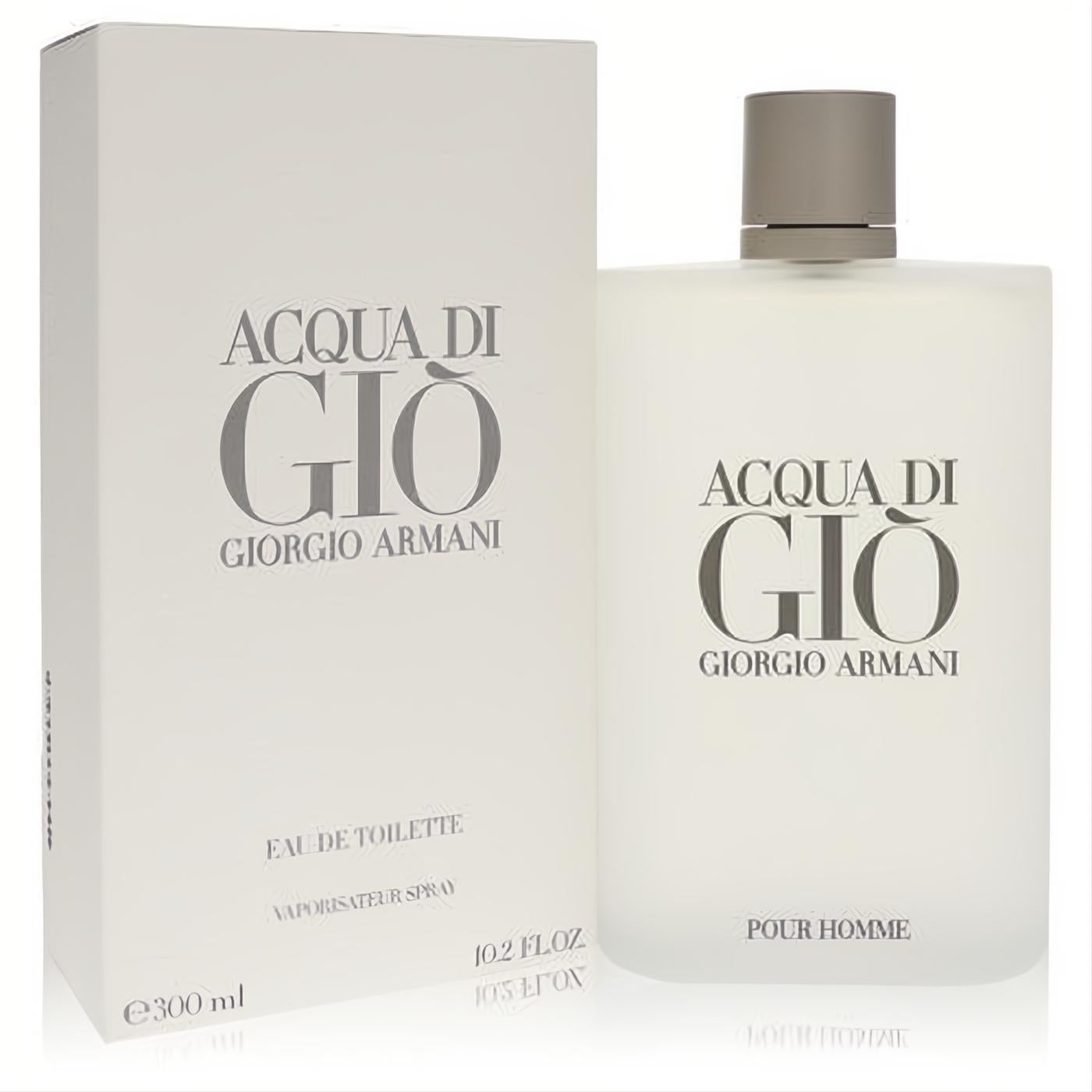Acqua Di Gio by Giorgio Armani 10.2 oz Eau De Toilette. Iconic frosted glass bottle with sleek grey cap and white box.